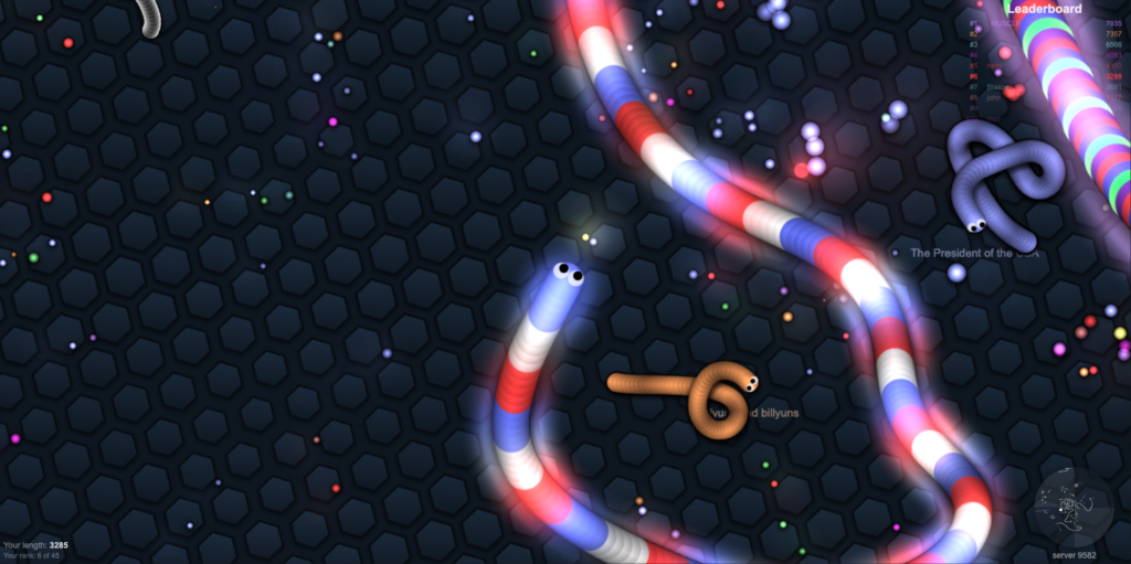 slither.io 큰 지렁이에게 갇힌 작은 지렁이