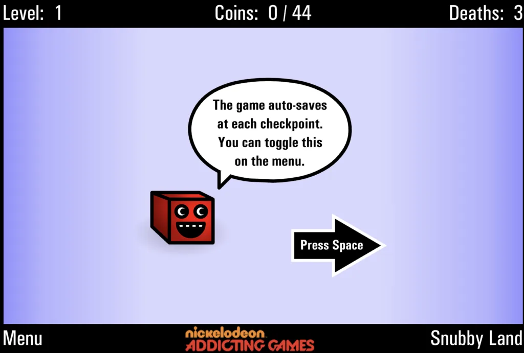 The World’s Hardest Game 3 - "The game auto-saves at each checkpoint. You can toggle this on the menu."