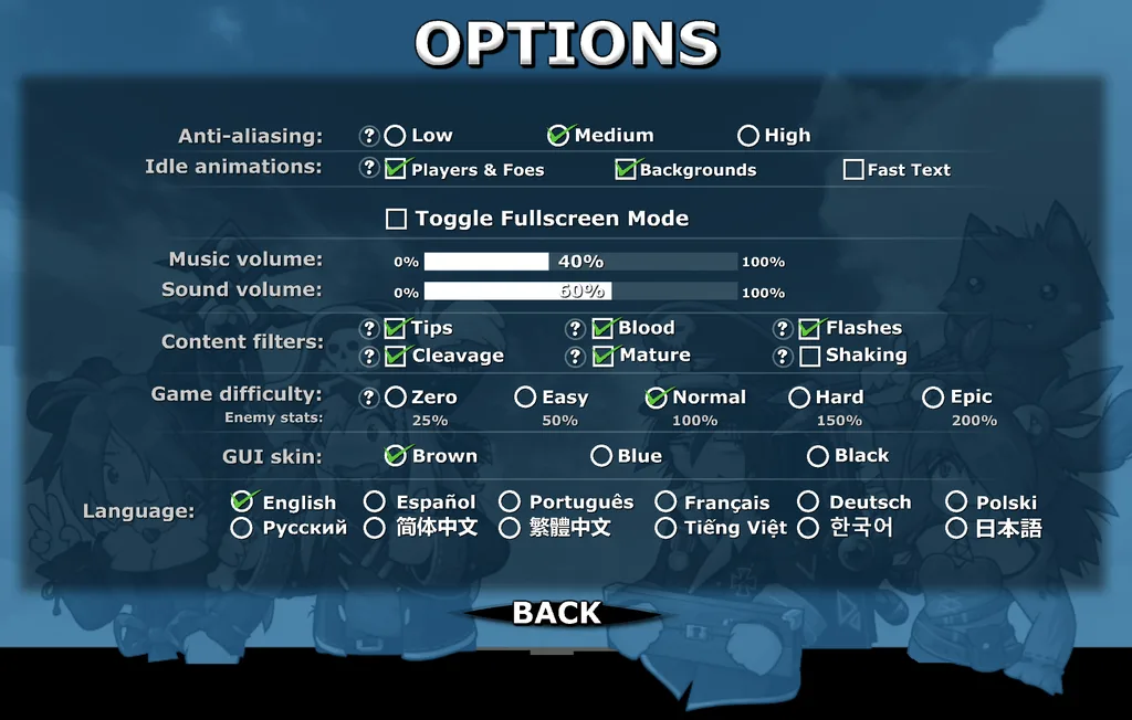 Epic Battle Fantasy 5 - Options